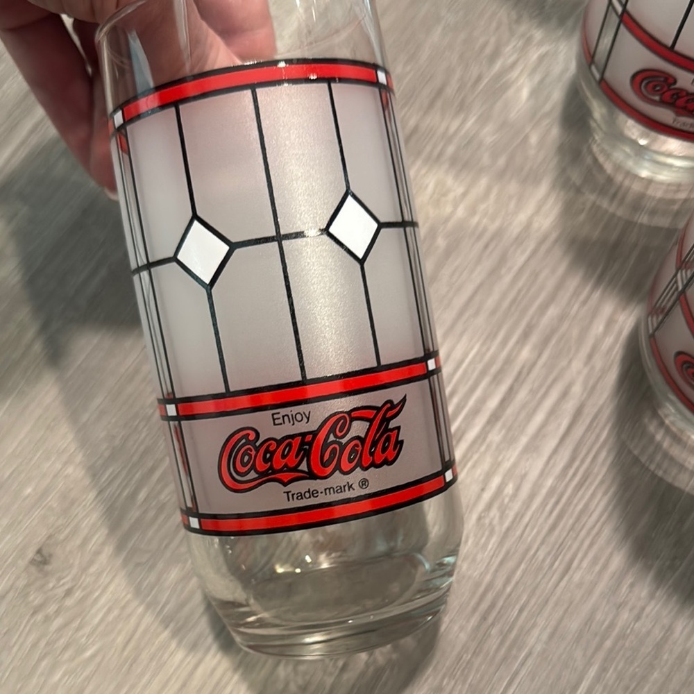 Libbey Coca-Cola Coke Vintage Frosted Tiffany Style 1985 Glasses set of 6 - Picture 3 of 7